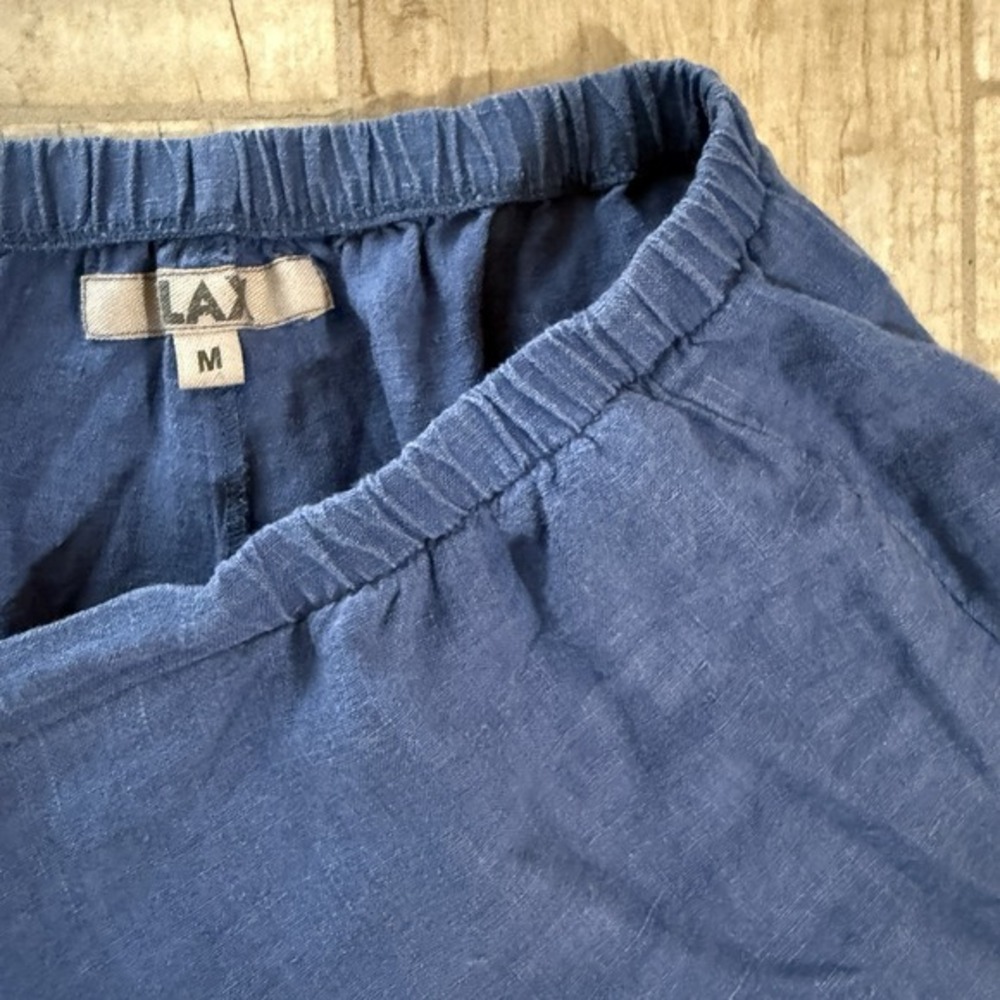 Flax Linen Pants Womens Navy Blue Wide Leg‎ Crop Pull On Boho Minimalist - Picture 3 of 9